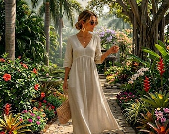 Abito lungo boho in cotone e lino fatto a mano: scollo a V, vestibilità ampia, linea ad A oversize.