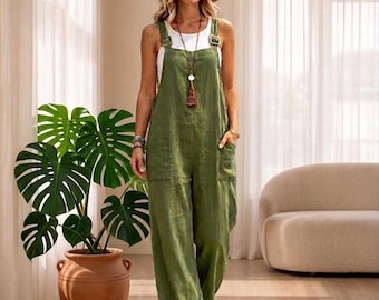 Tuta intera vintage in cotone e lino fatta a mano – Gamba larga – Stile cottagecore costiero – Tessuto naturale traspirante