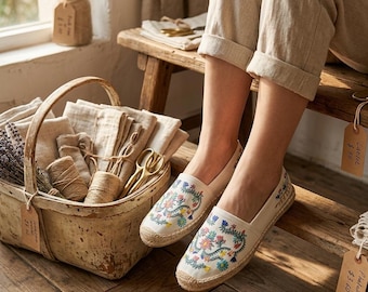 Espadrillas basse in paglia vintage ricamate a mano con motivi floreali – Traspiranti – Assorbono il sudore – Controllano gli odori