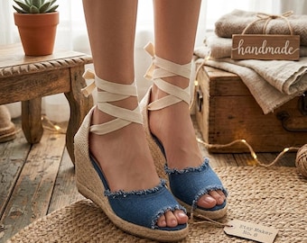 Sandali espadrillas vintage in paglia intrecciata blu – Zeppa – Chiusura con lacci – Traspiranti – Assorbono il sudore e controllano gli odori