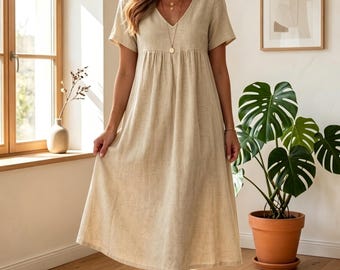 Abito lungo boho a maniche corte in cotone e lino fatto a mano: scollo a V, vestibilità ampia, linea ad A oversize, traspirante e comodo.