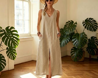 Abito lungo maxi in cotone e lino fatto a mano: scollo a V, vestibilità ampia, linea ad A oversize, design con spacco.