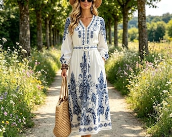 Abito lungo da donna bianco e blu a fantasia floreale - Abito lungo aderente con scollo a V / Abito casual e da festa da donna