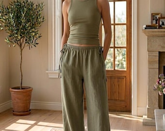 Pantaloni lunghi da donna in cotone e lino – Pantaloni in lino con coulisse – Gamba dritta e ampia