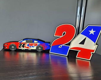 William Byron No 24 LED Light Sign, NASCAR Raptor Patriotic Fan Cave Decor, Hendrick Motorsports Lighted Sign, Red White Blue Garage Lamp
