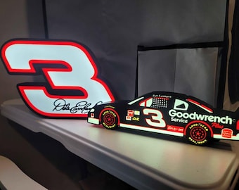 Dale Earnhardt No 3 LED Light Sign Set, NASCAR The Intimidator Fan Cave Decor, Richard Childress Racing Garage Sign, Vintage Stock Car Lamp