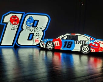 Kyle Busch No 18 LED Light Sign, NASCAR M&Ms Candy Fan Cave Decor, Red White Blue Joe Gibbs Racing Lighted Sign, Patriotic Garage Desk Lamp