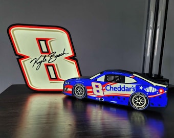Kyle Busch No 8 LED Light Sign, NASCAR Cheddars Patriotic Fan Cave Decor, Richard Childress Racing Lighted Sign, Red White Blue Garage Lamp