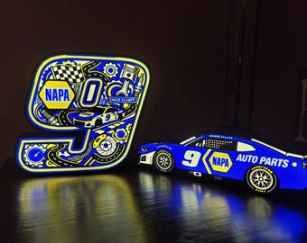 Chase Elliott No 9 LED Light Sign, NASCAR NAPA Auto Parts Fan Cave Decor, Hendrick Motorsports Lighted Sign, Automotive Garage Shop Lamp