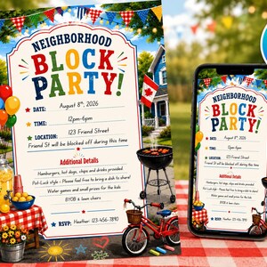 May include: A Neighborhood Block Party invitation template featuring colorful text, a red bicycle, a grill, and balloons. The design includes fields for date, time, location, and RSVP details, with a matching digital version displayed on a smartphone screen.