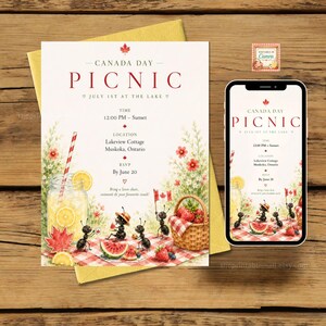 Op de afbeelding: Een Canada Day picknick uitnodiging met de tekst "PICNIC" in het rood. De uitnodiging bevat illustraties van mieren, watermeloen, aardbeien en een limonadedrankje. Een smartphone toont hetzelfde ontwerp.