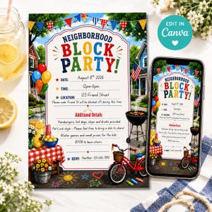 Può includere: Un volantino d'invito per una festa di quartiere con festoni colorati, palloncini, un barbecue e una bicicletta. Il testo recita Neighborhood Block Party, 8 agosto 2026, 12:00-18:00, 123 Friend Street e dettagli RSVP. Uno smartphone mostra il flyer.