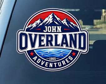 Custom Overland Adventures Sticker Magnet, Personalized Summer Vacation Decal, Custom Name Year Sticker, Mountain Travel Gift