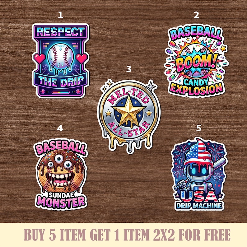 Peut inclure: Cinq autocollants color&eacute;s sur le th&egrave;me du baseball. Les motifs comprennent une balle de baseball avec "Respect The Drip", "Baseball Boom! Candy Explosion", un badge "Melted All-Star", un "Baseball Sundae Monster" et un robot "USA Drip Machine".