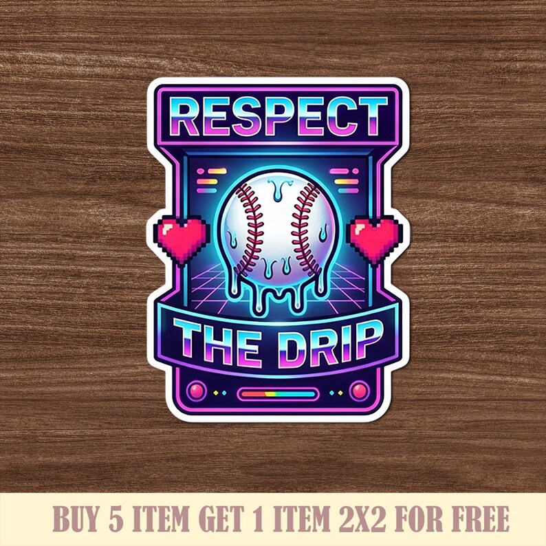 Peut inclure: Un autocollant avec un design de baseball. L'autocollant pr&eacute;sente les mots "RESPECT THE DRIP" dans une police de style n&eacute;on arcade. Un ballon de baseball avec des accents d&eacute;goulinants est au centre, avec des c&oelig;urs pix&eacute;lis&eacute;s de chaque c&ocirc;t&eacute;. L'autocollant est sur un fond en bois.