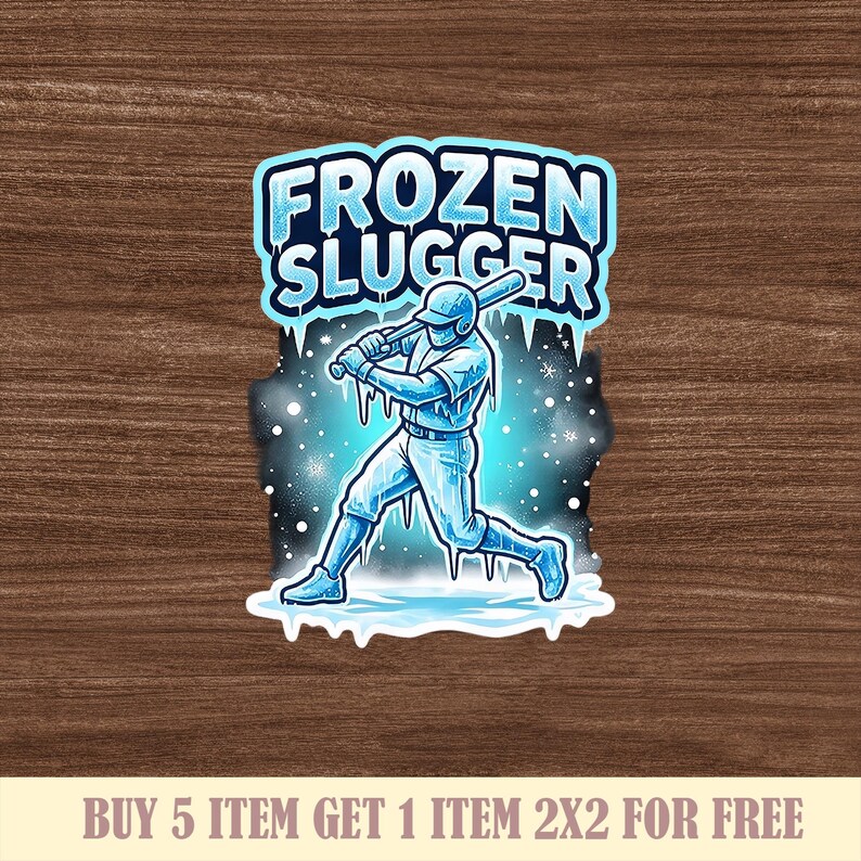 Puede incluir: Una pegatina con un jugador de b&eacute;isbol con uniforme azul, bateando. El texto "FROZEN SLUGGER" est&aacute; encima del jugador, con un dise&ntilde;o helado. Los copos de nieve y los car&aacute;mbanos se suman al tema invernal.