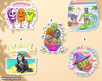 Preppy Summerween Sticker Magnet, Halloween Summer Decal, Spooky Beach Vibes, Ghost Watermelon Pumpkin Gift