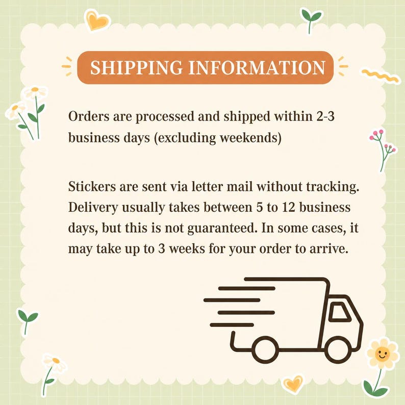 Puede incluir: Fondo verde claro con borde festoneado y detalles florales. La imagen contiene el texto "SHIPPING INFORMATION" en un rect&aacute;ngulo marr&oacute;n. Debajo, detalles sobre el procesamiento y los plazos de entrega.