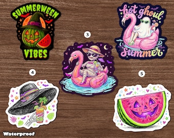 Preppy Summerween Sticker Magnet, Hot Ghoul Summer Decal, Pink Flamingo Ghost, Watermelon Summer, Cute Spooky Gift