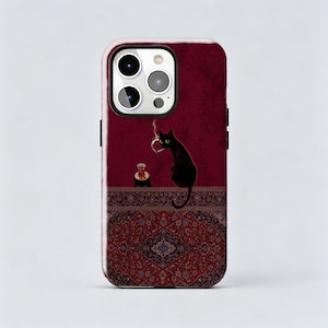 May include: A smartphone case featuring a deep red velvet background with a black cat sitting on a patterned rug. The cat holds a lit cigarette in its mouth, with a small bowl of food nearby. The design includes intricate floral rug details.