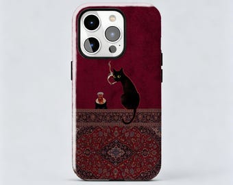 Coque de téléphone Mystical Black Cat / Tapis persan vintage et style thé pour iPhone 18, 17, 16, 15, 14, 13, 12, 11 Pro Max et Samsung S26, S25, S24