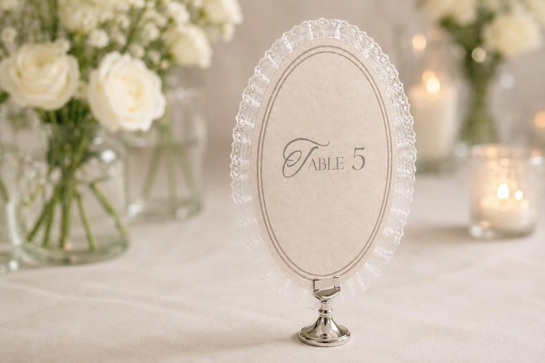 May include: An oval table number card with a delicate lace trim and silver base. The card displays the number "5" in elegant script. Soft white roses and candles create a romantic ambiance, perfect for a wedding or special event.