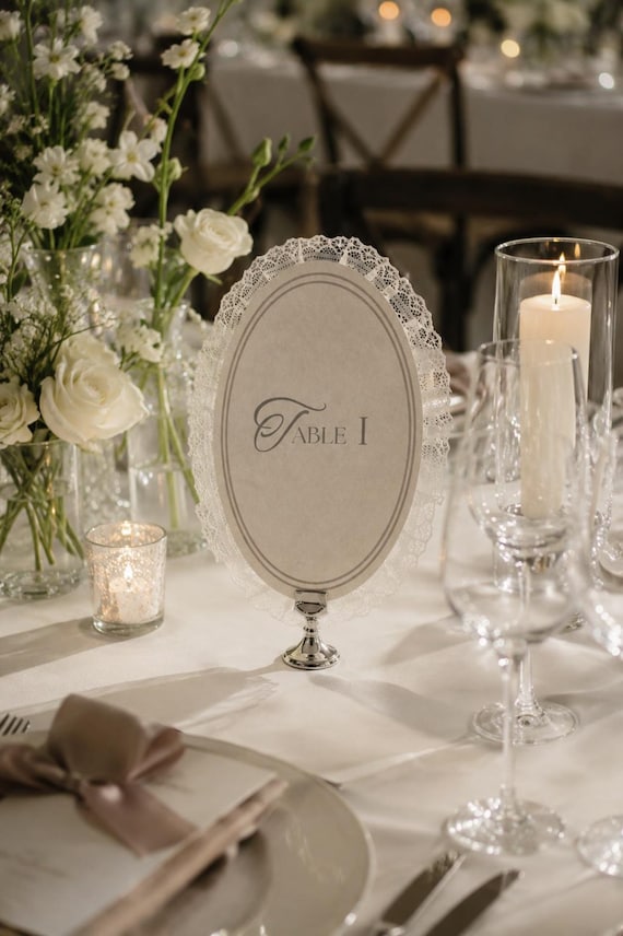 Elegant Oval Lace Trim Table Numbers – Handmade Wedding Decor, Double-Sided