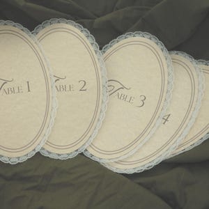 May include: Five oval table number cards with a cream-colored background and a delicate lace trim. Each card is labeled with a table number from 1 to 4 in elegant script. The cards are arranged on a dark green fabric.