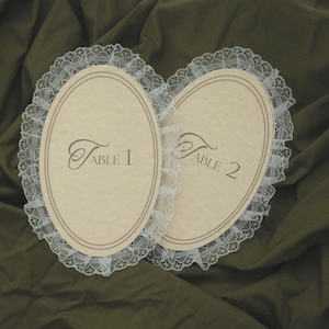 May include: Two oval-shaped table cards with a cream-colored background and a delicate white lace trim. The cards are labeled "Table 1" and "Table 2" in elegant script, perfect for wedding or event decor.