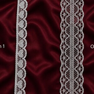 May include: Two white lace trims are displayed against a deep red satin background. Option 1 features a heart-shaped design, while Option 2 showcases a more intricate, openwork pattern. The text "Option 1" and "Option 2" are visible.