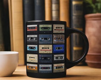 Retro Cassette Collage Mug, Music Nostalgia Mug, Cassette Mug 11oz or 15oz, Music Band Retro Tape Design Coffee Cup, Retro Accent Mug