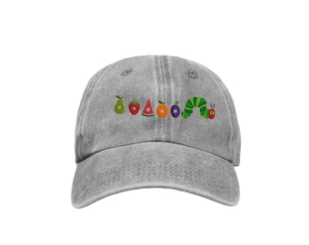 Embroidered The Hungry Caterpillar Hat, Eat The Rich Worm Hat, Fruit Caterpillar Embroidered Hat, Fruit Lover Gift, Funny Summer Hat