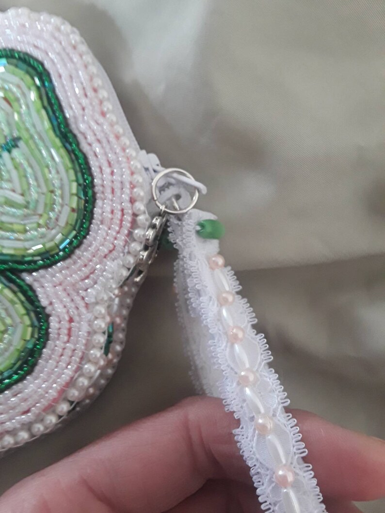 Hand Beaded Shamrock Coin PurseWristlet Zipper Closure with Handle Original Design