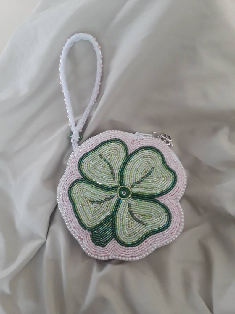 Hand Beaded Shamrock Coin PurseWristlet Zipper Closure with Handle Original Design