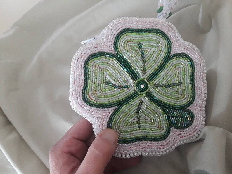 Hand Beaded Shamrock Coin PurseWristlet Zipper Closure with Handle Original Design