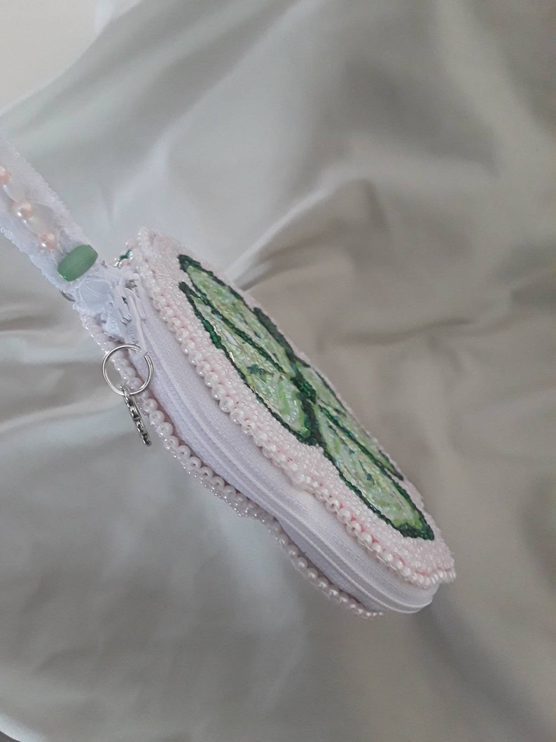Hand Beaded Shamrock Coin PurseWristlet Zipper Closure with Handle Original Design