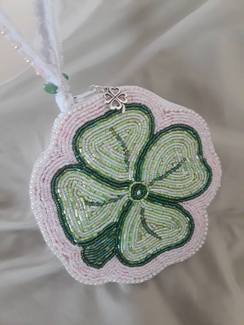 Hand Beaded Shamrock Coin PurseWristlet Zipper Closure with Handle Original Design