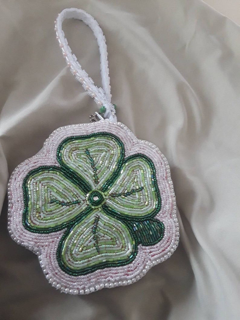Hand Beaded Shamrock Coin PurseWristlet Zipper Closure with Handle Original Design
