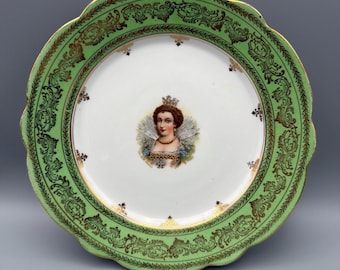 Antique Carlsbad China Austria 8" Queen Portrait Cabinet Plate Green Gold Gilt Scalloped