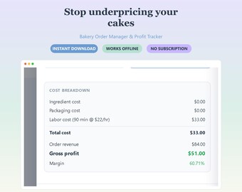 Bakery Order Tracker & Profit Spreadsheet Alternative | Recipe Cost + Pricing Calculator Web App | Works Offline, No Subscription