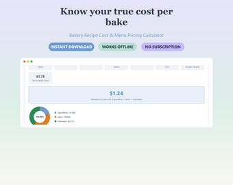 Bakery Recipe Cost Calculator | Menu Pricing Tool for Home Bakers | Overhead, Labor, Profit Margin | Works Offline