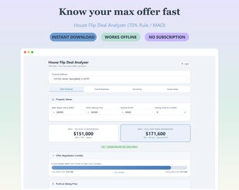 House Flip Deal Analyzer | 70% Rule and MAO Calculator | Real Estate Investor (Digital Download)