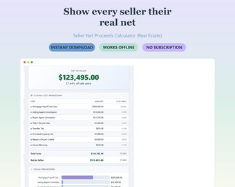 Seller Net Sheet Calculator | Real Estate Net Proceeds Estimator | Instant Download