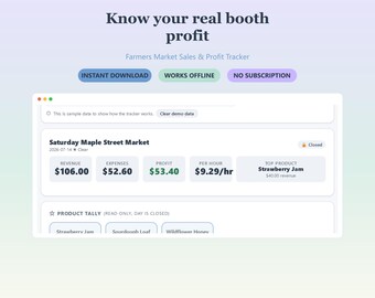 Farmers Market Sales & Profit Tracker | Vendor Booth Sales App, Works Offline (Digital Download)