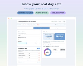 Videographer Day Rate Calculator | Gear Amortization, Project Quote Tool | Freelance Pricing