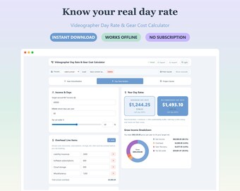 Videographer Day Rate Calculator | Gear Amortization, Project Quote Tool | Freelance Pricing Web App