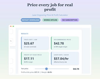 Laser Engraving Price & Profit Calculator | Job Cost Batch Pricing Quote Sheet Web App | Works Offline No Subscription