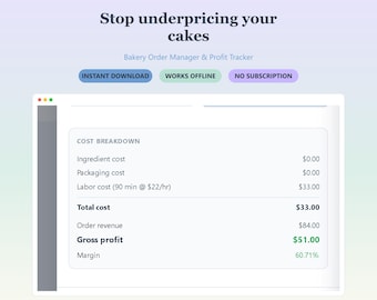 Bakery Order Tracker & Profit Calculator | Recipe Cost + Pricing Tool (Digital Download)