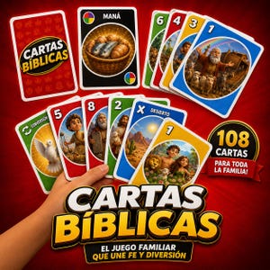 Puede incluir: Un juego de cartas "Cartas Bíblicas" con ilustraciones coloridas de escenas y personajes bíblicos. Las cartas están dispuestas sobre un fondo rojo, con el título del juego en texto amarillo y blanco.