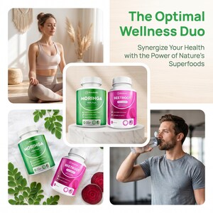 May include: An advertisement for wellness products. The image features a woman meditating, a man drinking water, and two bottles of supplements labeled "Moringa" and "Beetroot." The text reads "The Optimal Wellness Duo" and "Synergize Your Health with the Power of Nature's Superfoods."